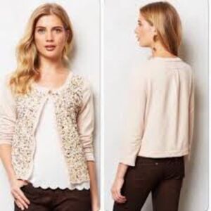 Anthropologie Postmark Beige Cream Sequin Beaded Boxy Fit Pailette Cardigan MED